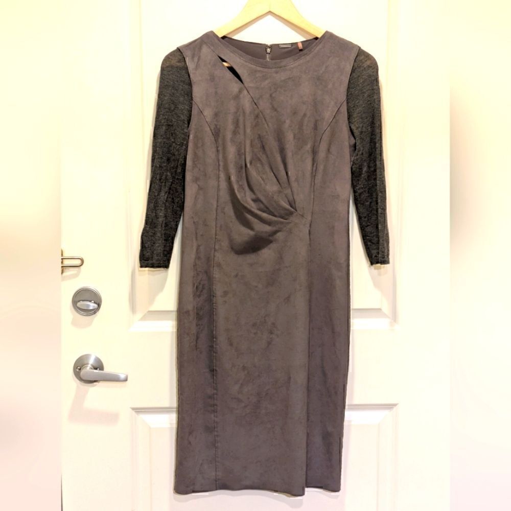 3/$30 EUC Elie Tahari 6 Grey Augustine Suedette Dress w Cashmere Blend Sleeves